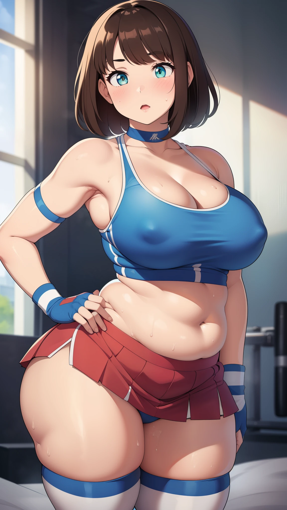 (chubby), chubby belly, fat rolls, belly hang, she has a jiggly belly,

 short hair, fluffy hair, brown hair, green eyes, ((blush))), (cheerleader uniform), (blue and white tank top 1.2), (short section red skirt 1.2), thigh highs, chocker, extremely tight clothes, large breasts, cleavage, perky breasts, (wide hips), ((thick thighs)), (chubby),

 School gym, intricate background, detailed background, sweaty, out of breath, hands on hip