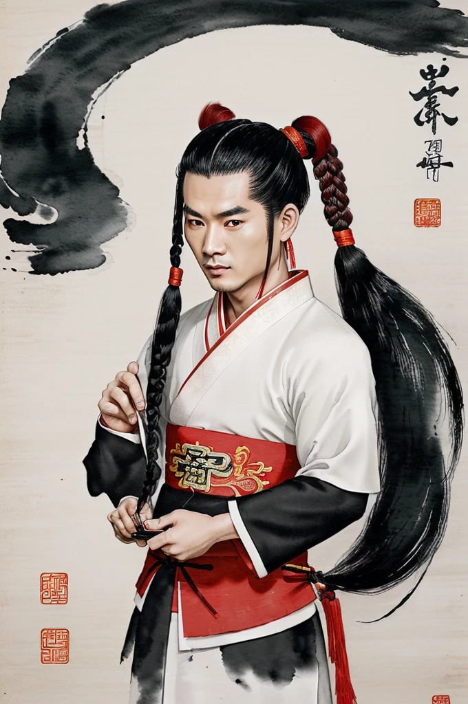 (((Chinese style,Ink painting method,Half-length portrait, long black hair, tied with a pigtail, Red eyes, Chinese traditional costume, black with red, collar verde, samurai chino, In his hand, a white serente.