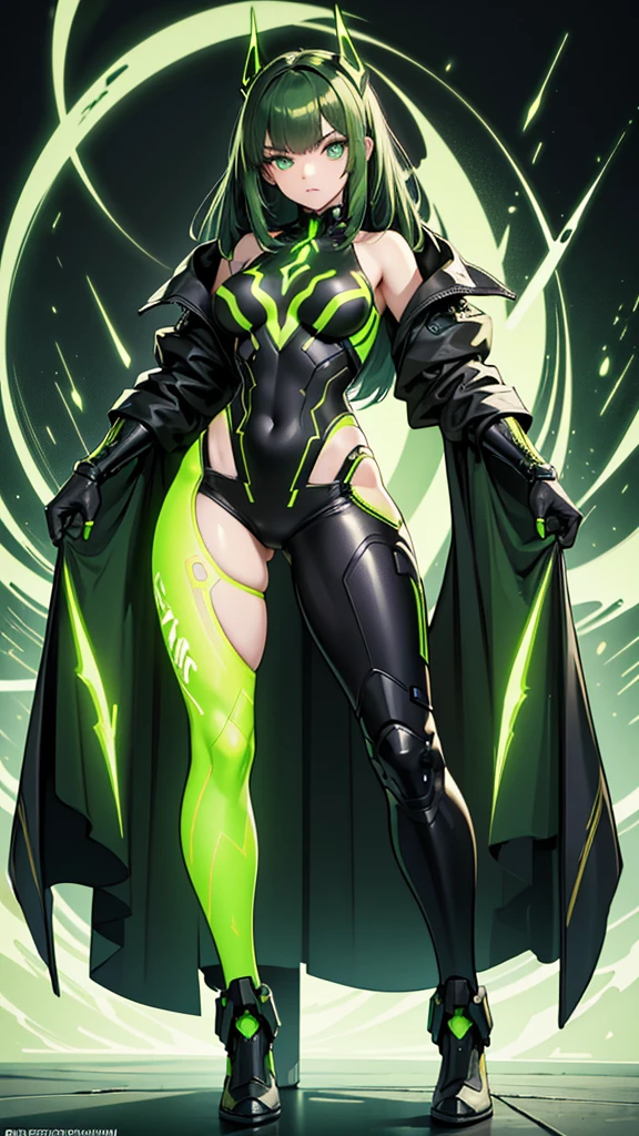 masterpiece, highest quality, (solo focus), (perfect face:1.1), (full body), (high detail:1.1), (hyper detailed eyes), dramatic, a woman with paleskin and long dark green hair, bright green eyes, solo, arrogant expression, neon cybernetic outfit, white background, art by artgerm, cinematic lighting, fashion, BalenciagaStyle