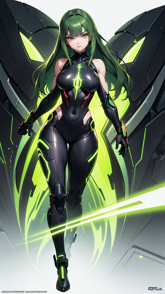 masterpiece, highest quality, (solo focus), (perfect face:1.1), (full body), (high detail:1.1), (hyper detailed eyes), dramatic, a woman with paleskin and long dark green hair, bright green eyes, solo, arrogant expression, neon cybernetic outfit, white background, art by artgerm, cinematic lighting, fashion, BalenciagaStyle