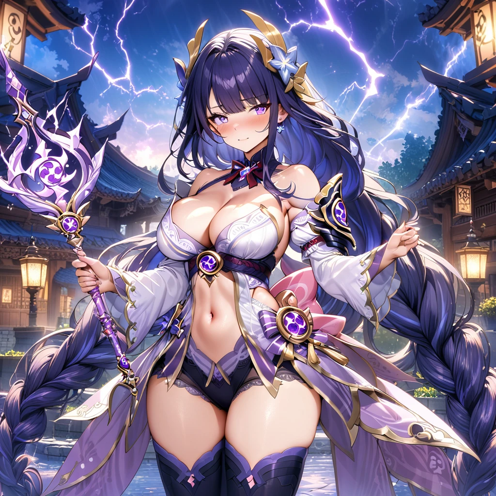 masterpiece), best quality, expressive eyes, perfect face,1girl,raiden shogun,genshin impact,japanese garden,lightning in the air,(purple magic wand),holding,holding wand,shy smile,blush,cowboy shot,glowing eyes,big breasts,cleavage,bare shoulder,(magical girl:1.6),(harem outfit),navel,pelvic curtain,detached sleeves,thighhigh stockings,studio lighting,(sparkle:0.9),(glitter:0.9),alternative costume