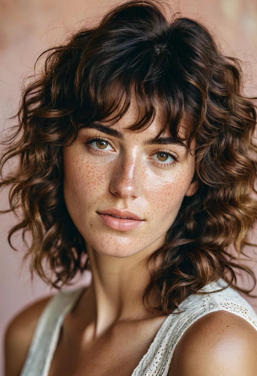 Portrait of Roberta Gemma, italian woman, 30 years old, face highly detailed, natural skin with light freckles, light make-up, Curly Shag with Bangs hair.