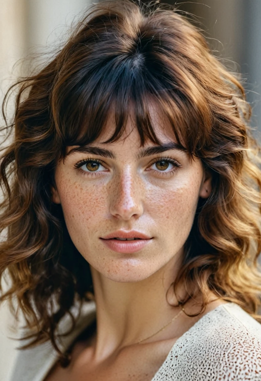 Portrait of Roberta Gemma, italian woman, 30 years old, face highly detailed, natural skin with light freckles, light make-up, Curly Shag with Bangs hair.