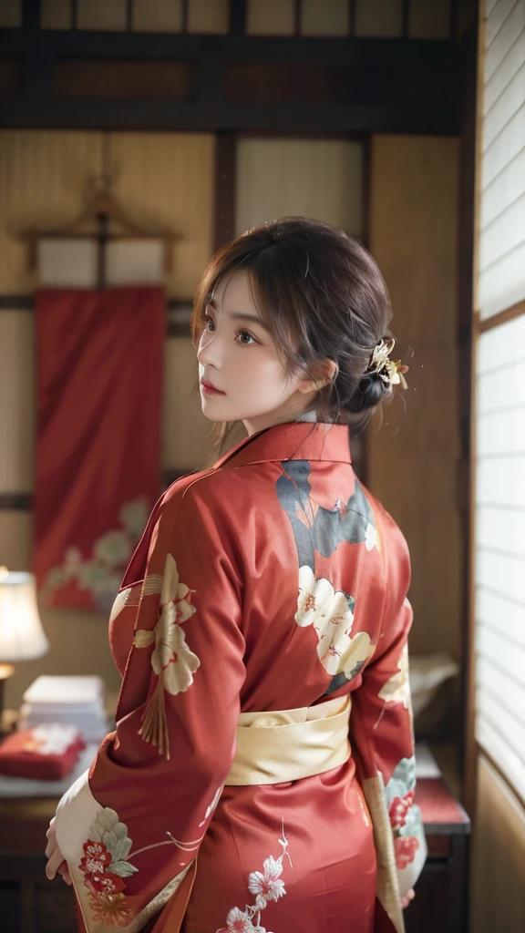A beautiful girl wearing a red kimono with golden details, seen from behind and looking back, highly detailed, photorealistic, 8k, (best quality:1.2), (realistic:1.37), warm colors, dramatic lighting, detailed texture, elegant hairstyle, detailed kimono patterns, intricate embroidery, (masterpiece:1.2), crisp focus, cinematic composition