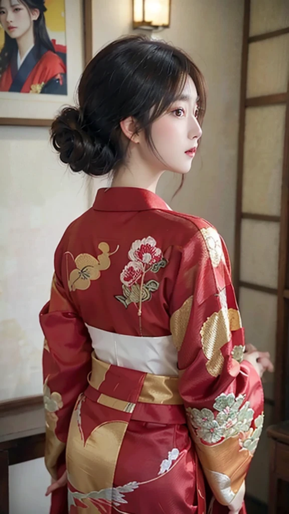 A beautiful girl wearing a red kimono with golden details, seen from behind and looking back, highly detailed, photorealistic, 8k, (best quality:1.2), (realistic:1.37), warm colors, dramatic lighting, detailed texture, elegant hairstyle, detailed kimono patterns, intricate embroidery, (masterpiece:1.2), crisp focus, cinematic composition