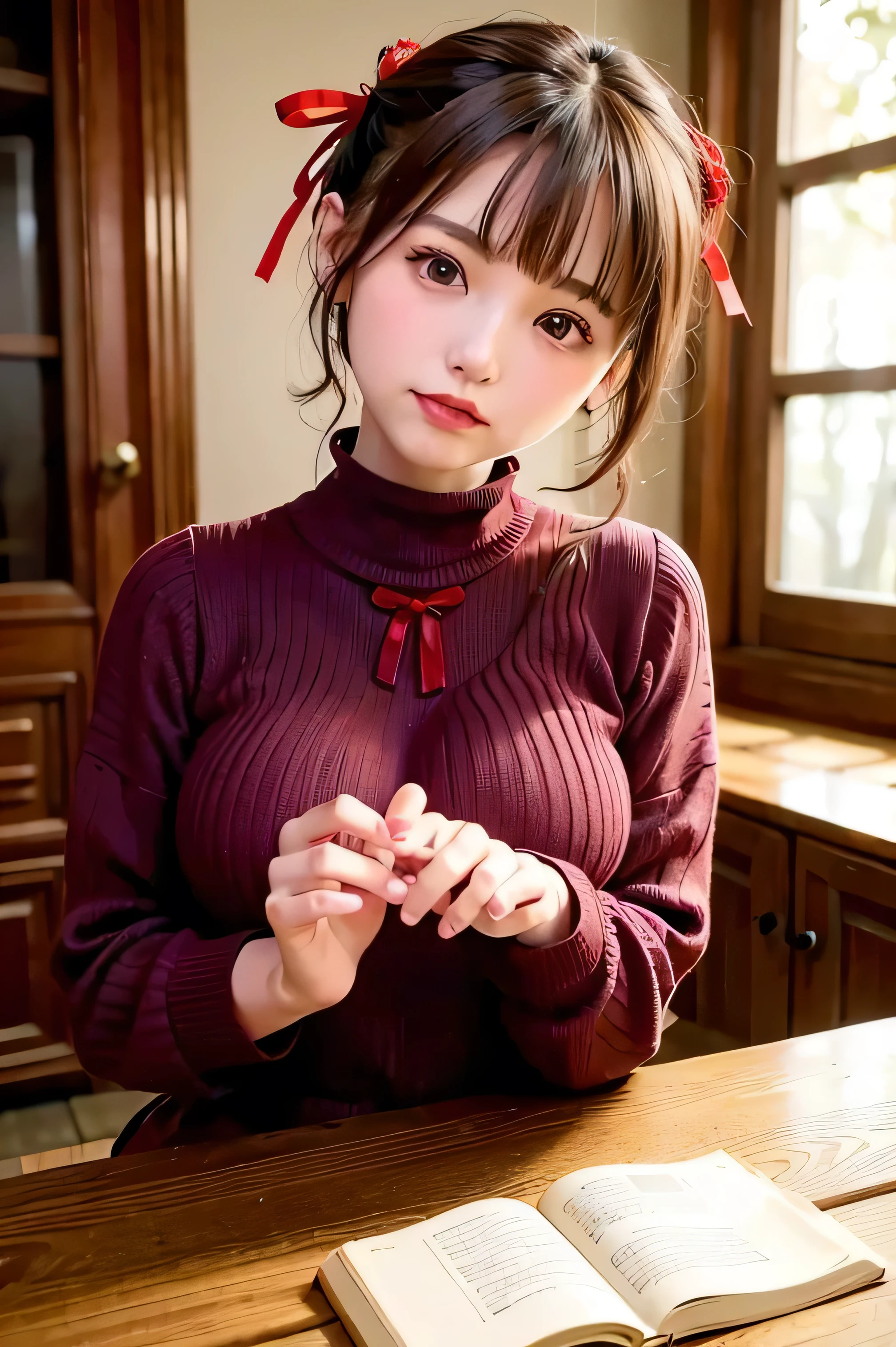 Highest quality、masterpiece、(realism:1.2)、1 girl、Brown haired、Brown eyes、Detailed face、Beautiful Eyes、Bust Sharp Hocus、valley、huge 、valley、Dark blue high neck sweater、(She wears a red one-point ribbon in the middle of her chest)、Short Hair、