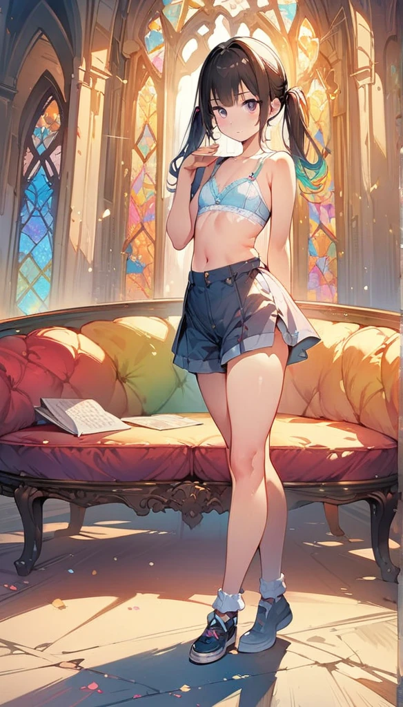(masterpiece:1.8),(Highest quality:1.8),(Very detailed:1.8),(8k:1.8),(Ultra-fine Illustration:1.5),,,Straight low twintail,Flat Chest,Small Ass,(High-grade ,,lingerie:1.4),(Prayer Pose:1.5),Vintage sofa,,(Full body angle), Stained glass, Rainbow Gradient, Foundation, (bra:1.3), (lingerie,culottes:1.3),