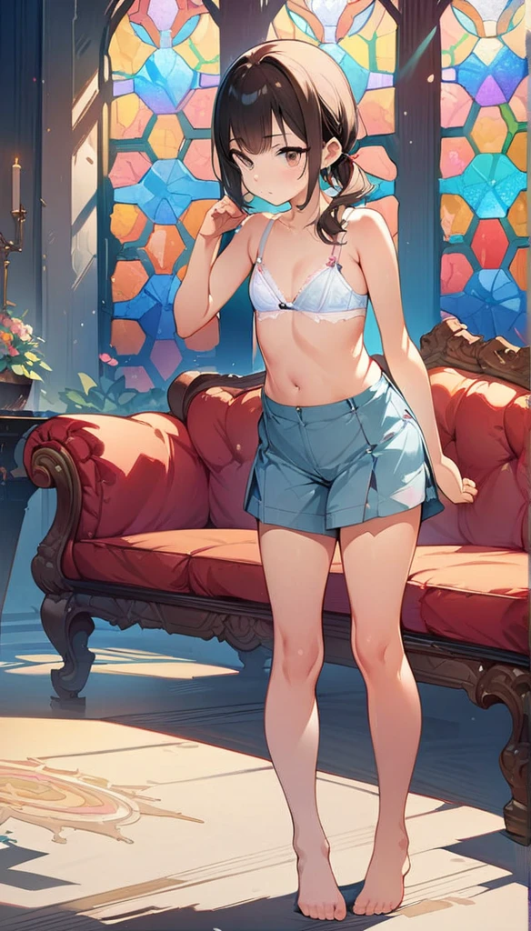 (masterpiece:1.8),(Highest quality:1.8),(Very detailed:1.8),(8k:1.8),(Ultra-fine Illustration:1.5),,,Straight low twintail,Flat Chest,Small Ass,(High-grade ,,lingerie:1.4),(Prayer Pose:1.5),Vintage sofa,,(Full body angle), Stained glass, Rainbow Gradient, Foundation, (bra:1.3), (lingerie,culottes:1.3),