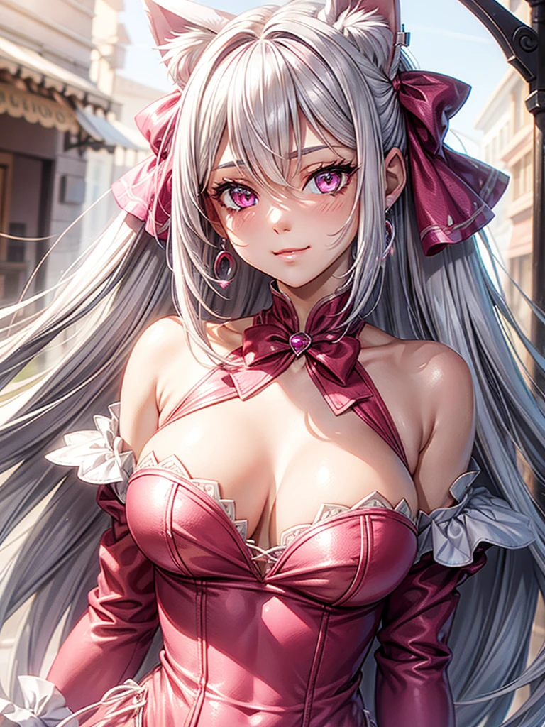 Silver hair, pink eyes, body, cat ears, woman, earrings, fantasy background, pink red clothes, hair bows, happy face