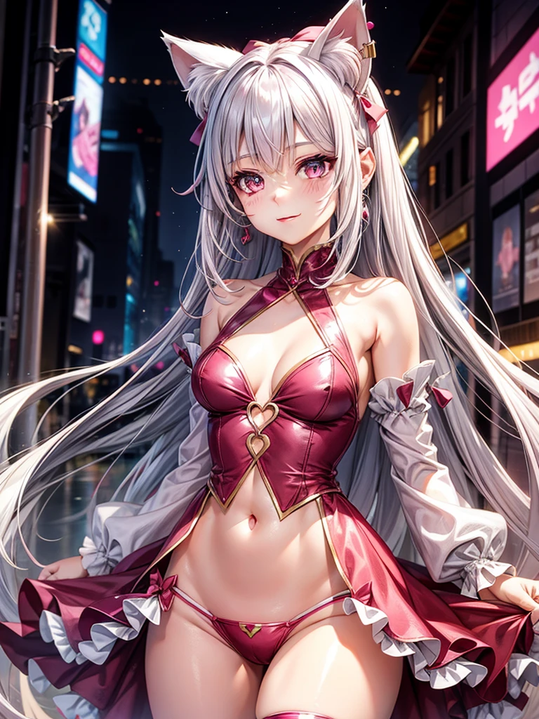 Silver hair, pink eyes, body, cat ears, woman, earrings, fantasy background, pink red clothes, hair bows, happy face