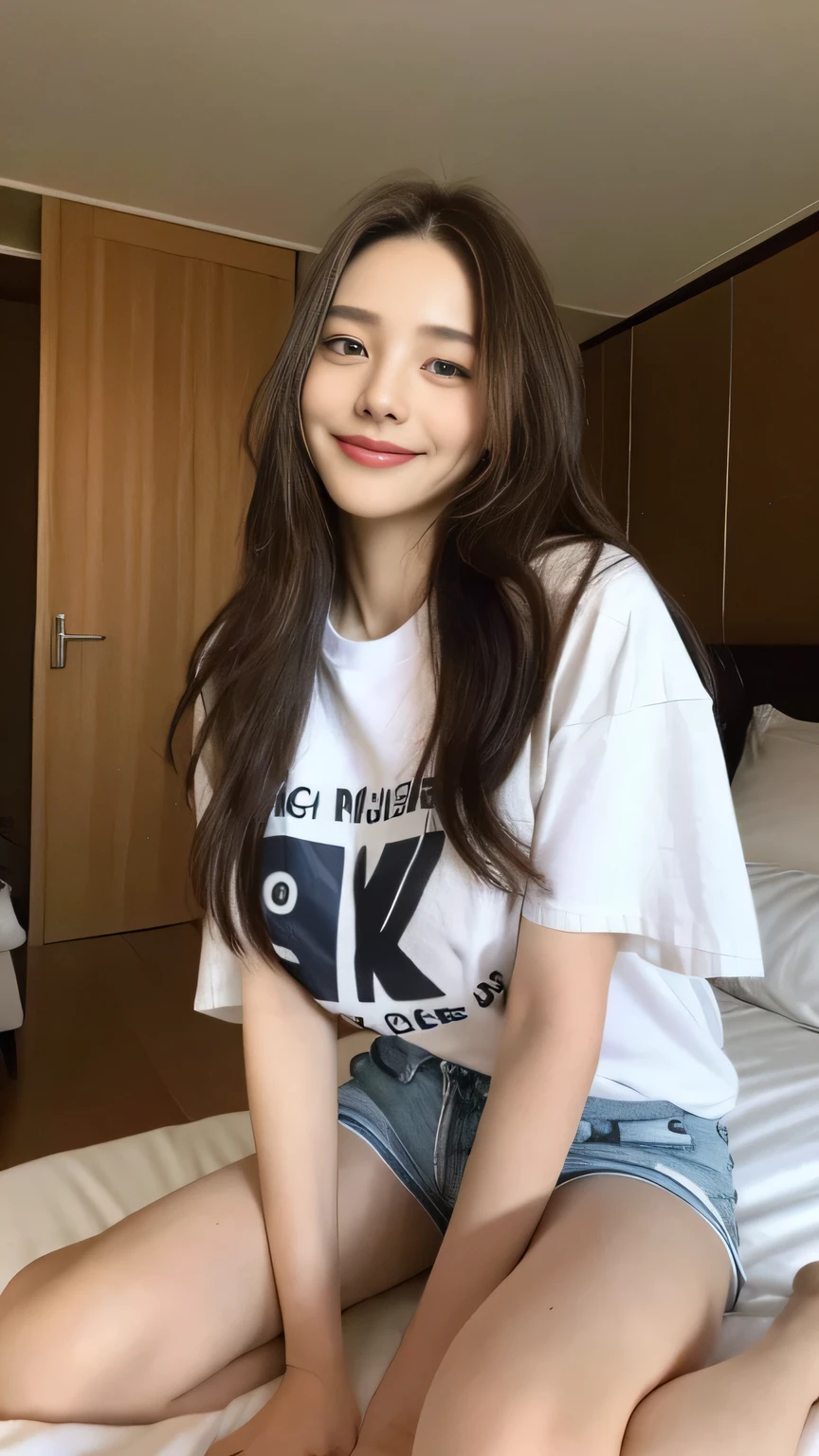 seed:2020674263.((Full body angle:1.1)).((Highest quality, 8K, masterpiece:1.3)), ((from below:1.1)).concentrated:1.2, Perfect body beauty:1.4, Hips:1.2, ((Delicate Hair)), (Colorful T-shirts、Shorts、pajamas :1.1) , ((Highest quality、8k、masterpiece:1.3))、1 Girl、A sloppy smile、Esbian all over、Slim face、Big Boobs、Beautiful woman、(Dark Brown Hair)、Long Hair、1.1、Flickering Valley、Detailed eyes、double eyelid、Blurred Background、超Slim face、Smile、Looking down、living、