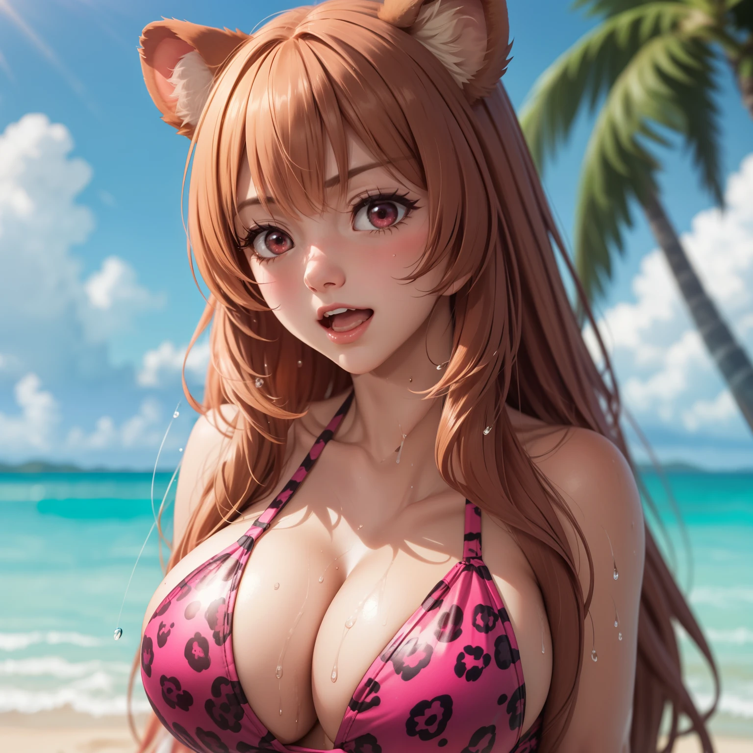 Raphtalia woman 35 years old straight orange hair , bear ears redondeadas, red eyes like ruby., flirtatious smile, pale skin, big breasts, pink jaguar design bikini, , bear ears, expression of surprise and embarrassment, Red face, embarrassed, ashamed, Open mouth, background a beach. huge breasts, drops of water on his chest. WET BODY, wet hair, splashing water.