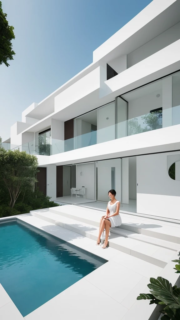 A modern style house, very beautiful, with white details, very glazed, with a woman sitting on the edge of a pool in the courtyard of this house.