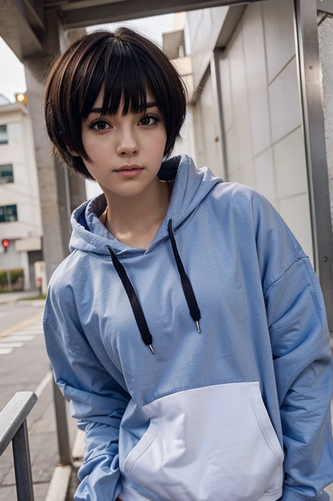 short-haired anime character wearing a hoodie and short bangs