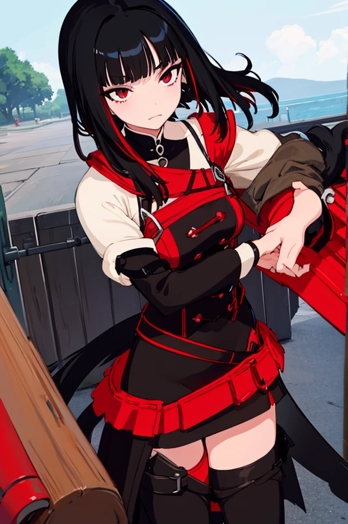 Anime Detailed Beautiful fantasy Woman, small , long black hair with red highlights, (big bulge), big cock, (big dick), silver eyes, hair tips are red, black cat ears, black cat tail, baggy fantasy clothes,