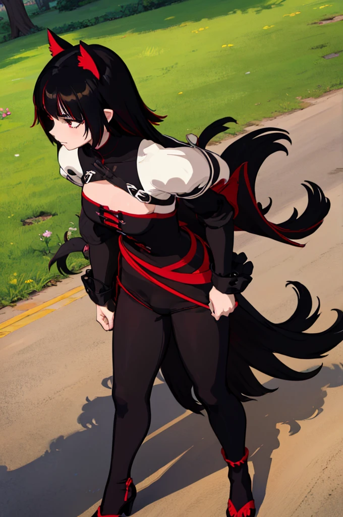 Anime Detailed Beautiful fantasy Woman, small , long black hair with red highlights, (big bulge), big cock, (big dick), silver eyes, hair tips are red, black cat ears, black cat tail, baggy fantasy clothes,