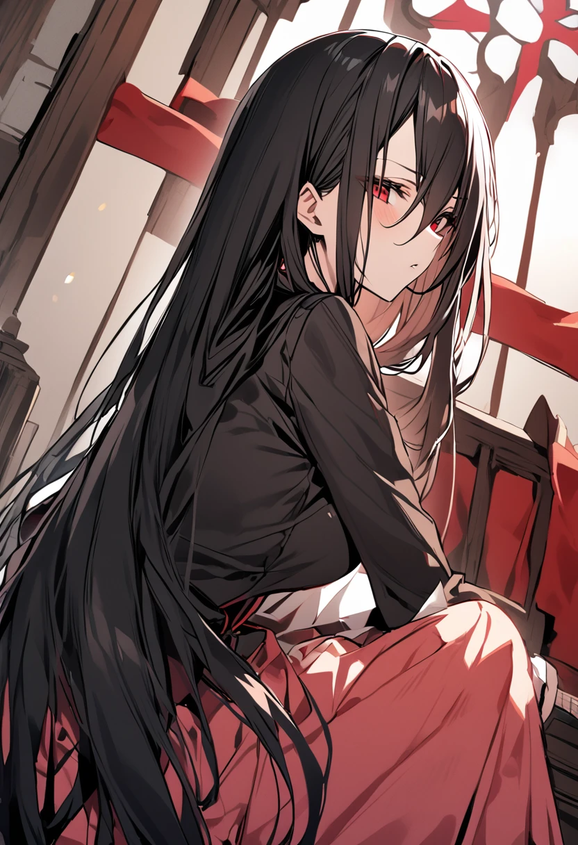 Hasumi Hakawa、Long black hair、Red eyes