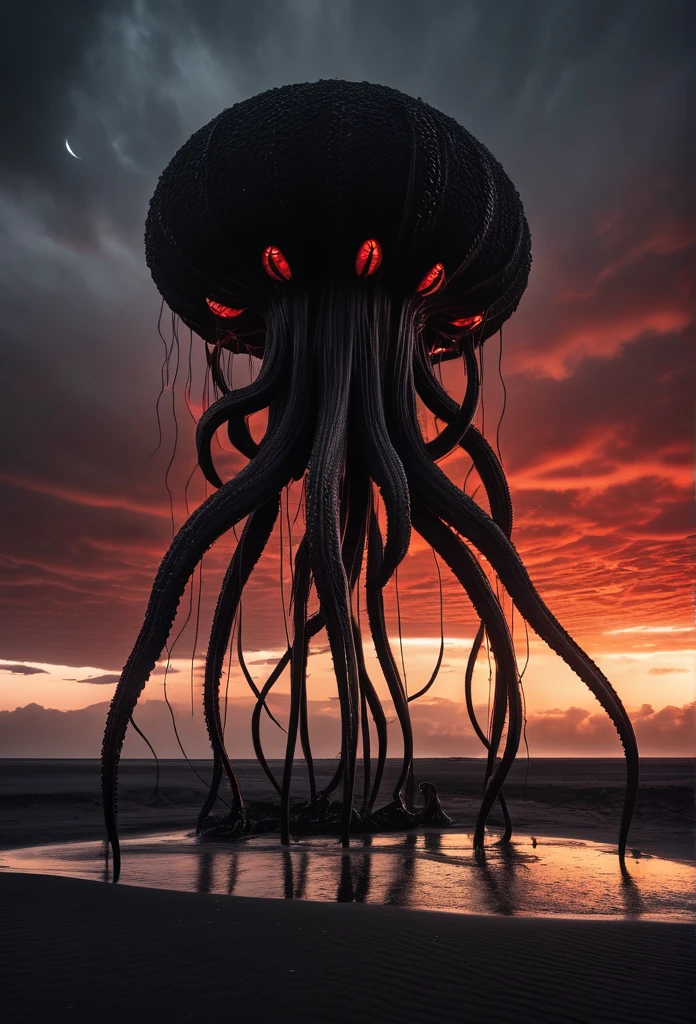 photo of a black sand desert, several giant black otherworldly creatures with cable-like hanging tentacles are floating in the starry sky, a faint red sun barely shines through the cloud cover, highly detailed, cinemascope, moody, epic, photorealistic, color graded cinematic, atmospheric lighting, award winning photo, film grain