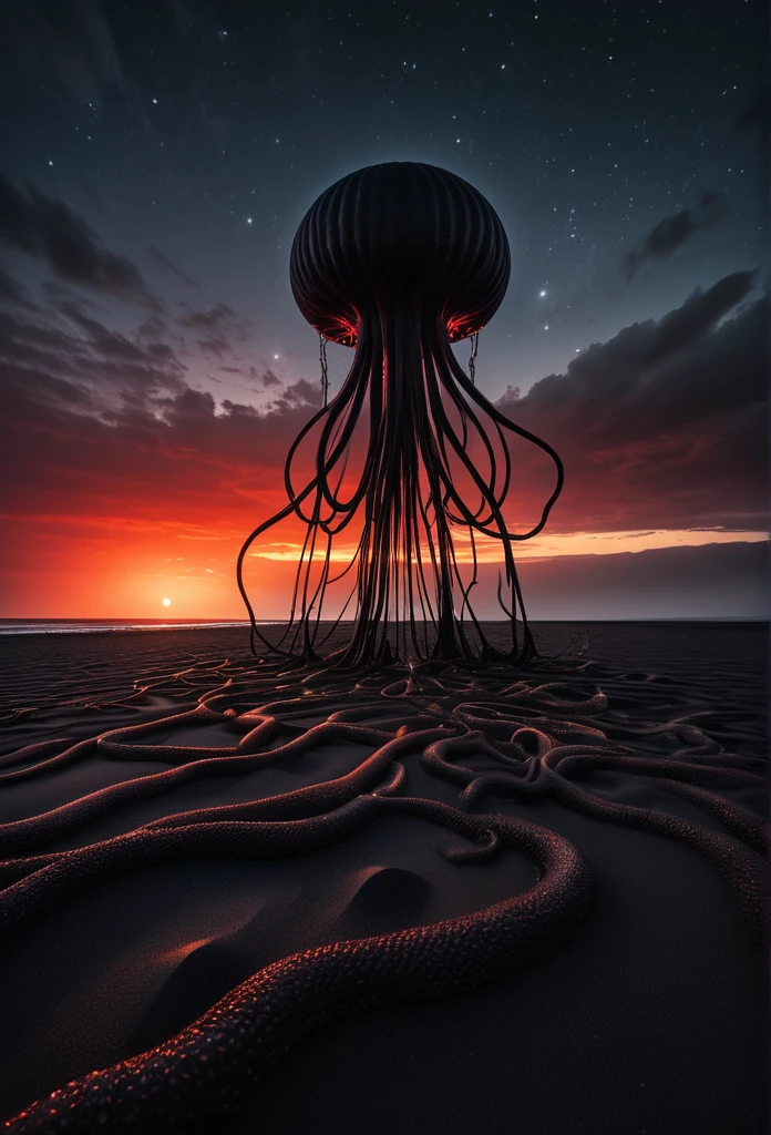 photo of a black sand desert, several giant black otherworldly creatures with cable-like hanging tentacles are floating in the starry sky, a faint red sun barely shines through the cloud cover, highly detailed, cinemascope, moody, epic, photorealistic, color graded cinematic, atmospheric lighting, award winning photo, film grain