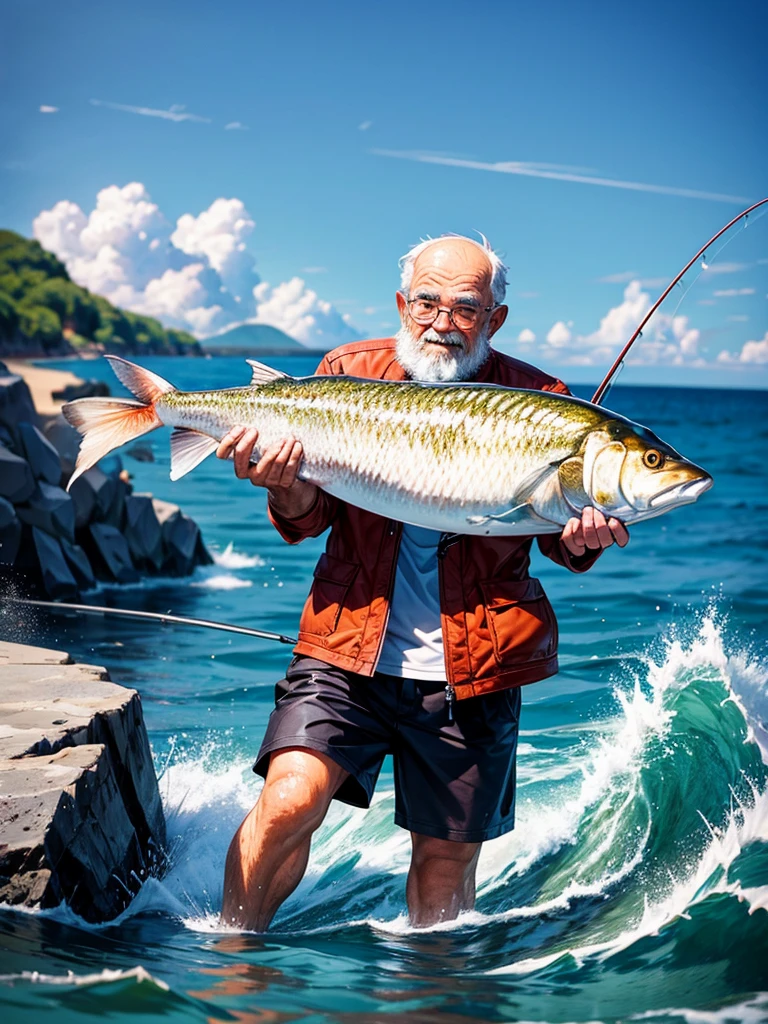 Highest quality,Highest Resolution,An old man fishing on the rocks in the sea,The moment of catching fish,