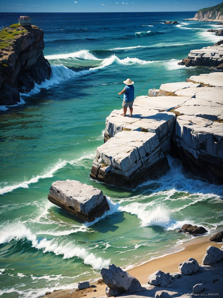 Highest quality,Highest Resolution,An old man fishing on the rocks in the sea,The moment of catching fish,