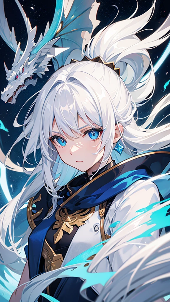 dragon-like and white hair, and star details, blue horn, blue eye, and a steel arm