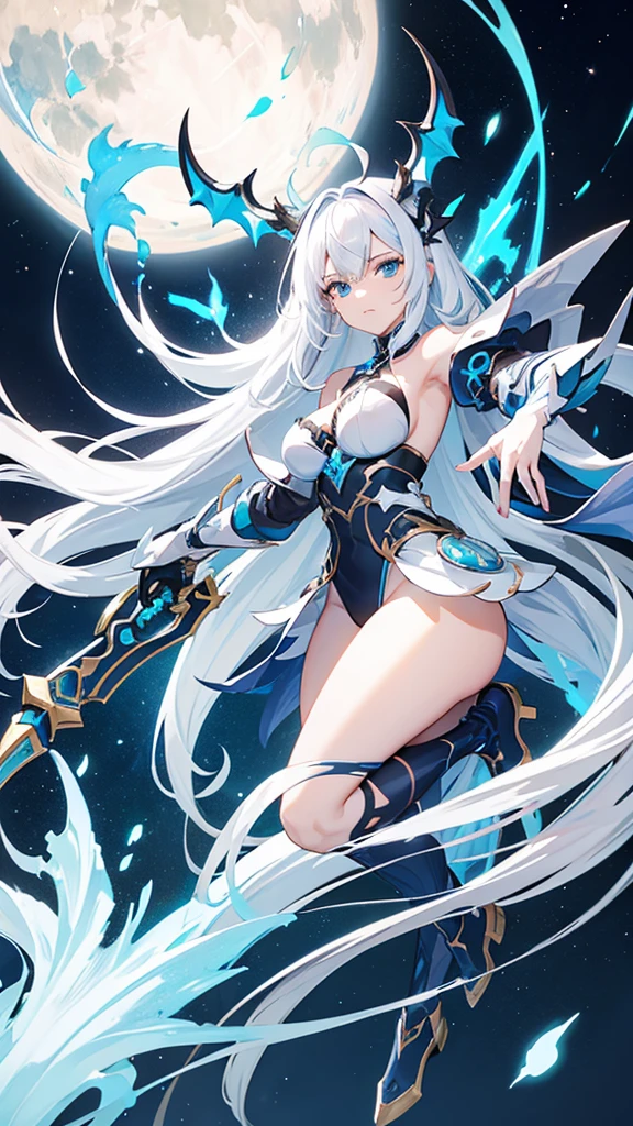 dragon-like and white hair, and star details, blue horn, blue eye, and a steel arm