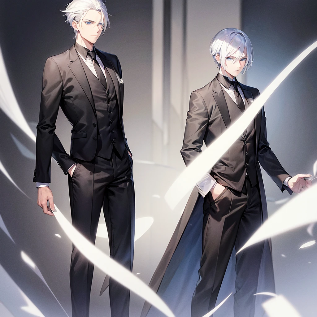 A man with white hair, blue eyes, wearing a black suit, standing with his back turned.