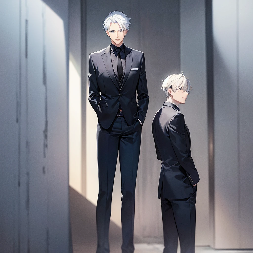 A man with white hair, blue eyes, wearing a black suit, standing with his back turned.