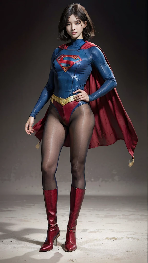 No background、(((Beautiful legs in black tights.)))、(((Legally express the beauty of your smile)))、((((Make the most of your original images)))、(((Supergirl Costume)))、(((Beautiful very short hair)))、(((suffering)))、(((Please wear black tights....、Wear red boots)))、((Best image quality、8K))、((Highest quality、8K、masterpiece:1.3))、(((Preserve background )))、Sharp focus:1.2、Beautiful woman with perfect figure:1.4、Slim Abs:1.2、Wet body:1.5、Highly detailed face and skin texture、8K