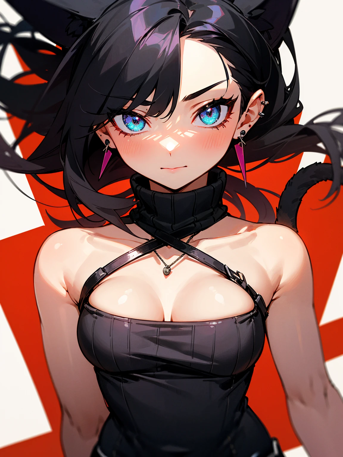 ((Long Straight Black hair)), Perfect face, Choker, Punk earrings, ((Tall)), ((High Quality)), Necklace, ((Mature)), Pretty Eyes, Sharp Nails, Bangs, ((1 Girl)), Hot, ((Multiple Earrings)), Natural Tits, 1 girl, Beautiful, Sexy, Spiky Earrings, Adult, Spiked Collar, Thin Eyelashes, Plain Background, Red Colors in Background, Lewd, Orgasmic, Horny, Dark Colors, Slender Body, Cat Girl, Long Tail, Large Tail, Massive Tail, Black Tail, ((Black Jeans)), ((Black Turtleneck Sweater)), Thick Thighs, Close Up, ((Small Tits)),