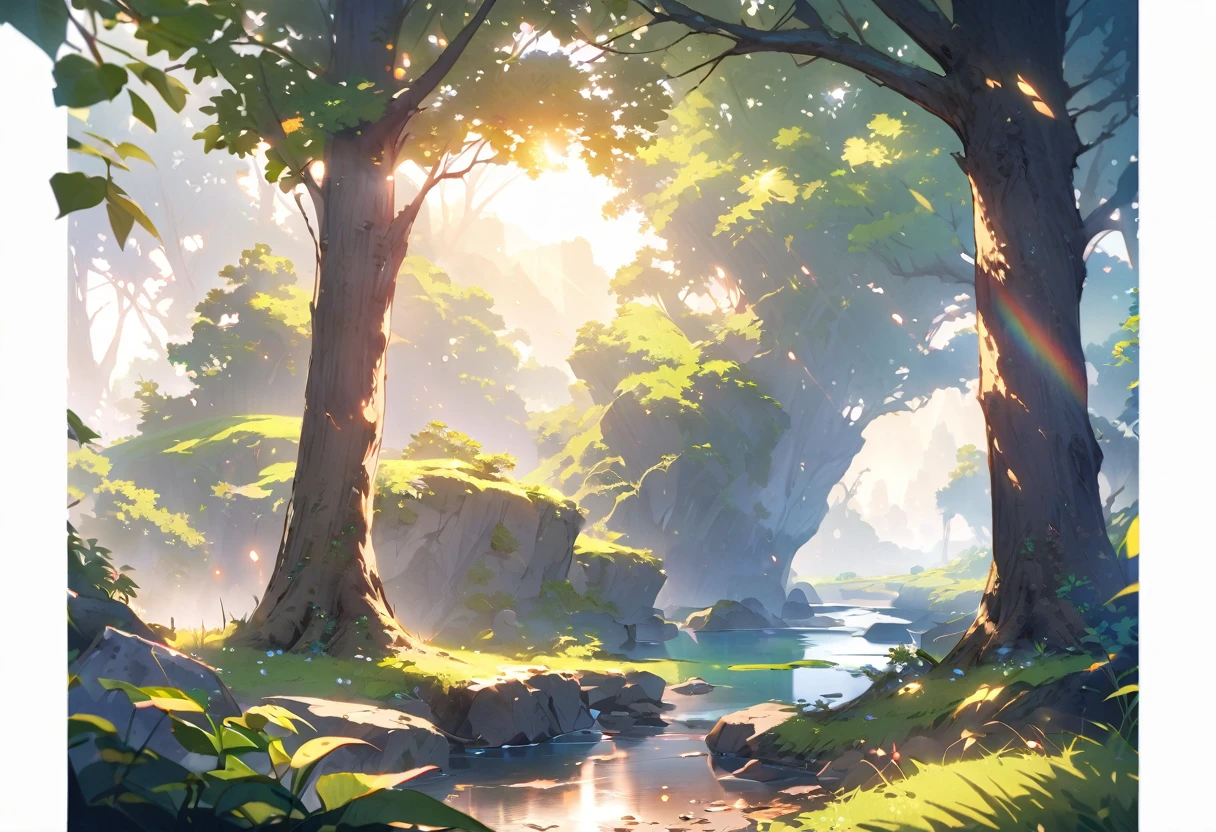 The bright sun peeking through the leaves,Highest quality,masterpiece,landscape