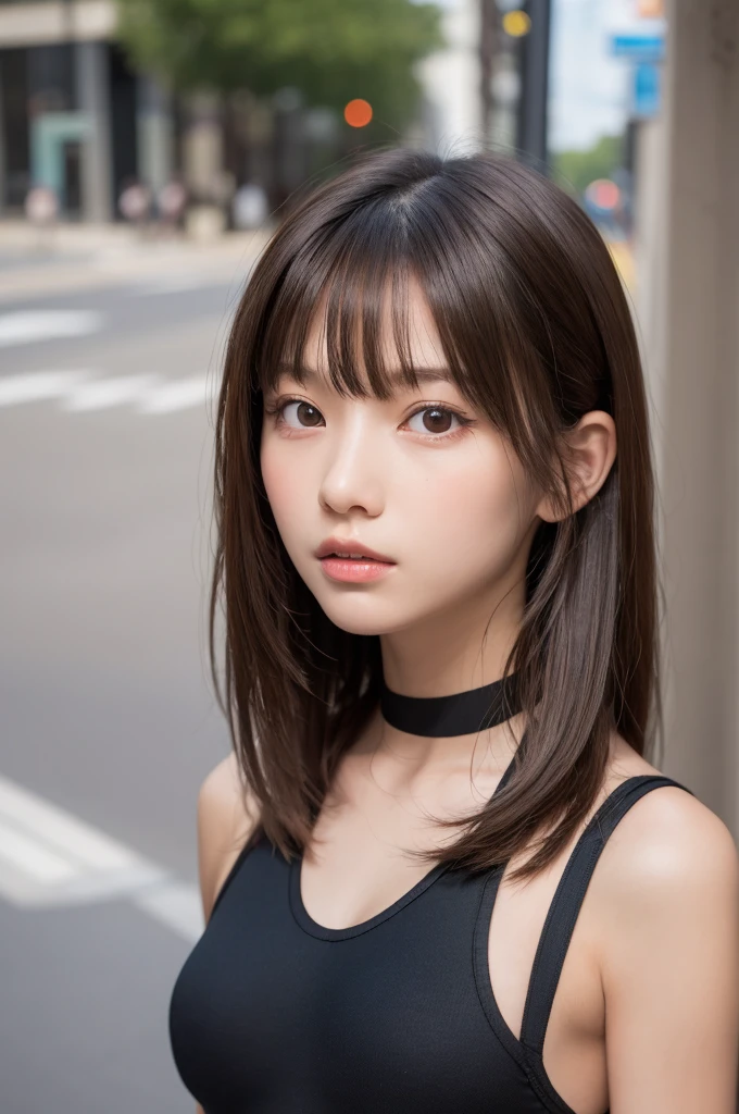 one girl, (a beauty girl, delicate girl:1.3), (:1.3),
break, (Bodysuits:1.3),
break, Very fine grain definition, (Symmetrical eyes:1.3),
break, (Street view:1.3),
break, Small breasts, Brown eyes, Parted bangs, Brown Hair, girl,
break, (Eye and facial details:1.0),
break, (masterpiece, Highest quality, Super detailed, Detailed face, 8K)