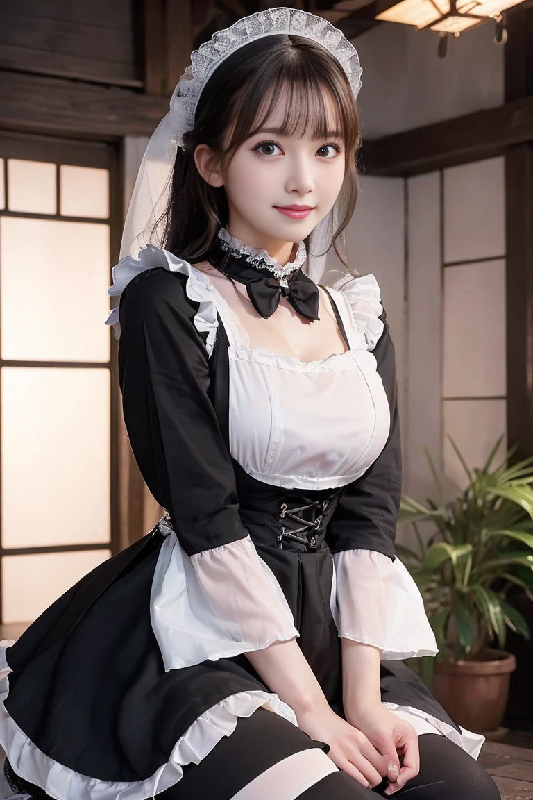 Highest quality, Super detailed, High resolution, 8K images) (reality, Realistic photos:1.37), ((Highest quality)),Japanese Idols, (From below、Victorian Maid outfit、black Maid outfit、Bottomlesaid'headband、Frills、White bikini pants、String、Black Hair、smile、Beautiful Skin、inside a manor、teeth、look at me、Knee-high socks、)()Her skirt is flipped up and her underwear is visible))((Show me your)), ((Stick your butt out)),(Squat with legs apart), Fine and beautiful eyes,Perfect Proportions,(Overflowing big),(A full-body shot from behind), Very beautiful and cute girl,22 years old,(anime),Kamimei, Pitch black background,(Solid black background)