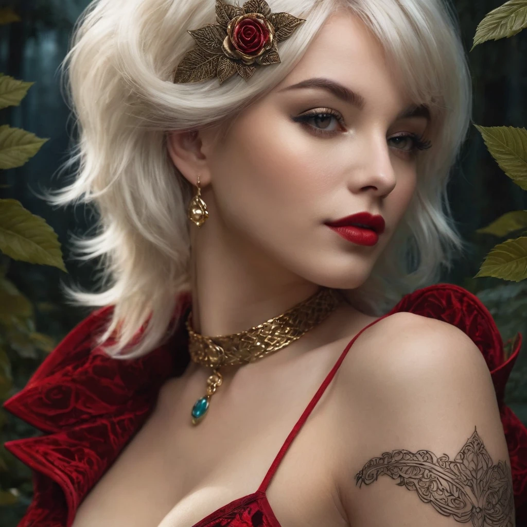 1 CHARACTER, 1 GIRL, dark night, kind person, ROSE, (masterpiece, top quality, best quality, official art, beautiful and aesthetic:1.2) , extreme detailed (fractal art:1.3) , colorful , highest detailed, (A sexy woman in dress, A beautiful babe, a sex slave, erotic worker, prostitute, hooker) , (sex pose, erotic design , erotic face, erotic pose) , (small tits, golden hair , big eyes, sexy eyes body covered with tattoo, red lips, sexy lips, sexy face, hand tattoo, leg tattoo, chest tattoo, pore white hair) , (wearing sex slave accessory, golden accessory, Slave bracelet, bracelet, naked, magical forest,(((masterpiece) )), ((best quality) )), ((ultra-detailed) ), (highly detailed CG illustration) ((an extremely delicate and beautiful) ), cinematic light, delicate hands, different camerapositions, cinematic, ass, legs