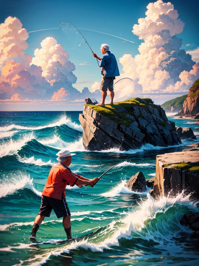 Highest quality,Highest Resolution,An old man fishing on the rocks in the sea,The moment of catching fish,