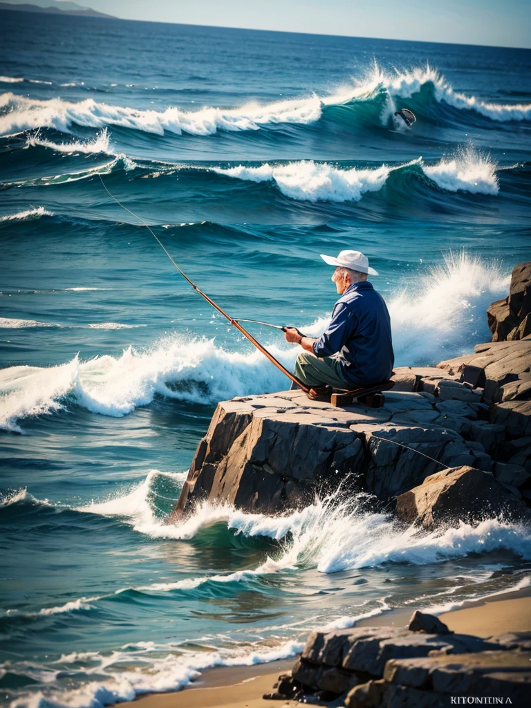 Highest quality,Highest Resolution,An old man fishing on the rocks in the sea,The moment of catching fish,