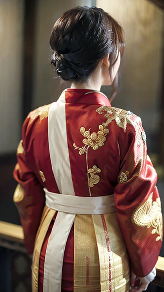 A beautiful girl wearing a red kimono with golden details, seen from behind and looking back, highly detailed, photorealistic, 8k, (best quality:1.2), (realistic:1.37), warm colors, dramatic lighting, detailed texture, elegant hairstyle, detailed kimono patterns, intricate embroidery, (masterpiece:1.2), crisp focus, cinematic composition