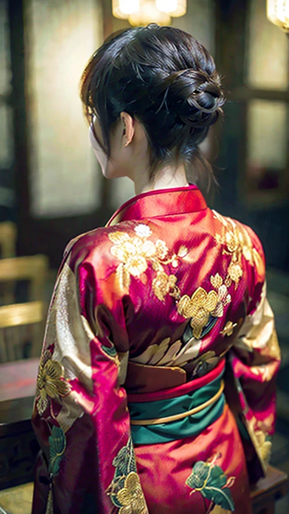 A beautiful girl wearing a red kimono with golden details, seen from behind and looking back, highly detailed, photorealistic, 8k, (best quality:1.2), (realistic:1.37), warm colors, dramatic lighting, detailed texture, elegant hairstyle, detailed kimono patterns, intricate embroidery, (masterpiece:1.2), crisp focus, cinematic composition