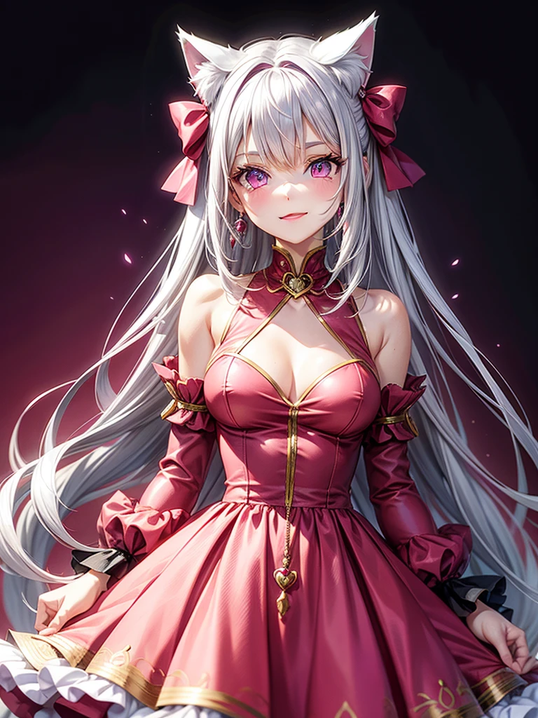 Silver hair, pink eyes, body, cat ears, woman, earrings, fantasy background, pink red clothes, hair bows, happy face
