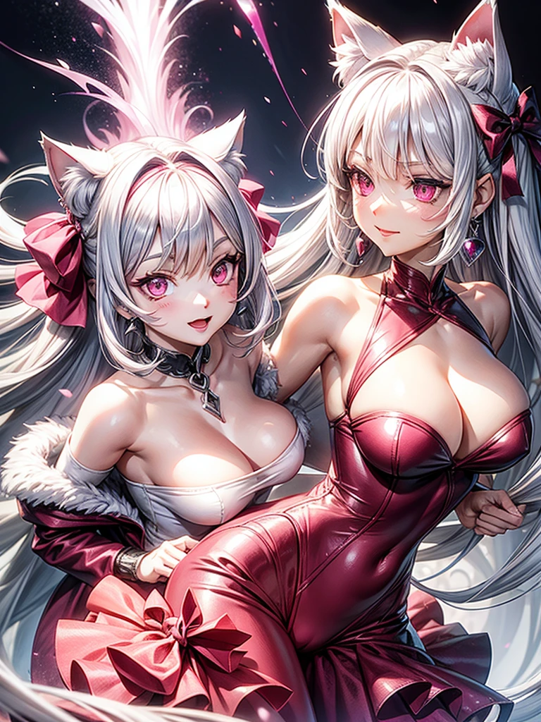 Silver hair, pink eyes, body, cat ears, woman, earrings, fantasy background, pink red clothes, hair bows, happy face