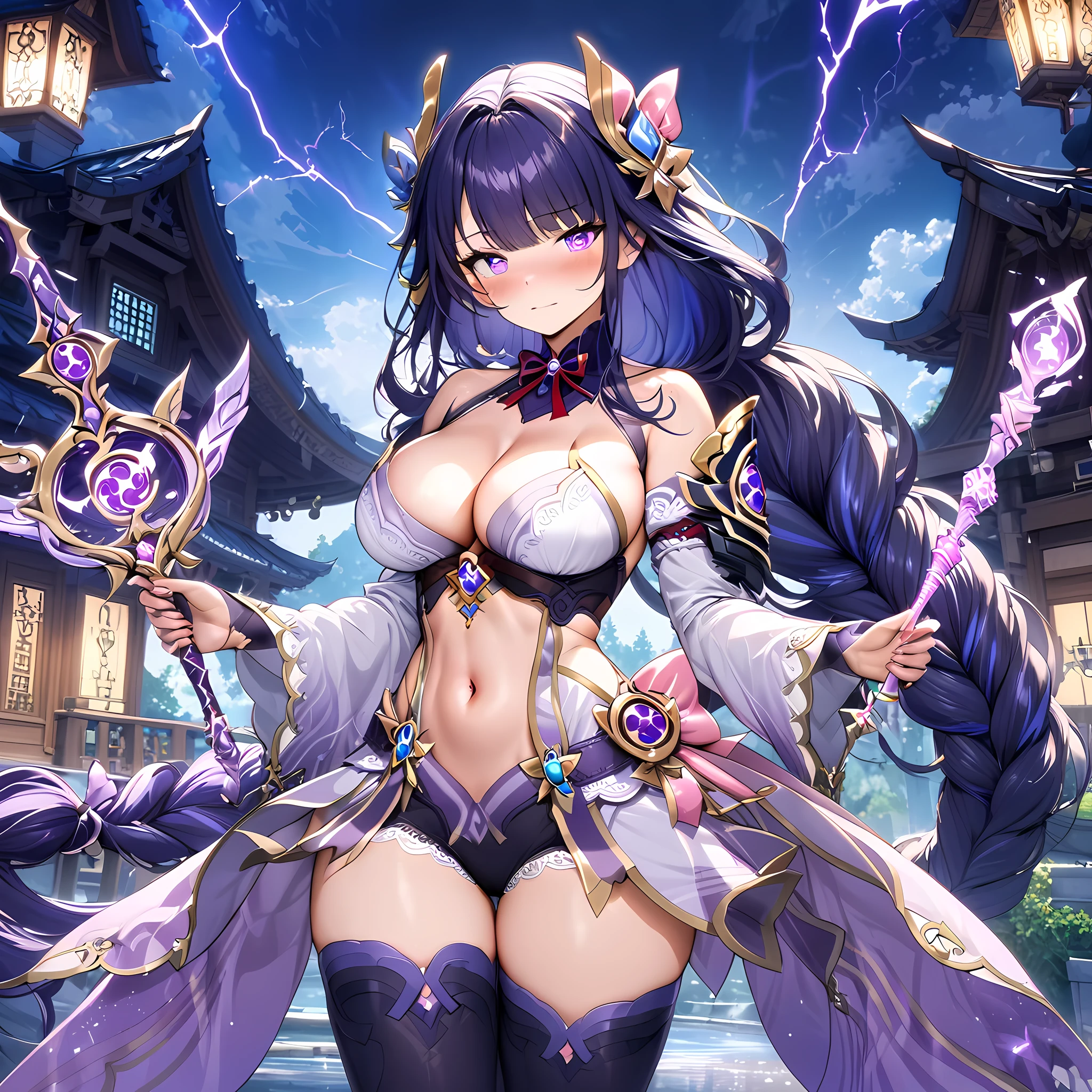 masterpiece), best quality, expressive eyes, perfect face,1girl,raiden shogun,genshin impact,japanese garden,lightning in the air,(purple magic wand),holding,holding wand,shy smile,blush,cowboy shot,glowing eyes,big breasts,cleavage,bare shoulder,(magical girl:1.6),(harem outfit),navel,pelvic curtain,detached sleeves,thighhigh stockings,studio lighting,(sparkle:0.9),(glitter:0.9),alternative costume