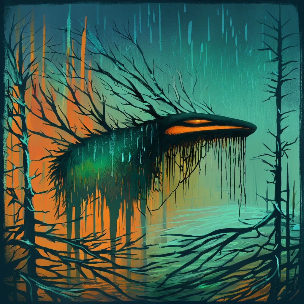Brachy with green dull-green and orange color palette with Ice storm background in nightmare fuel art style