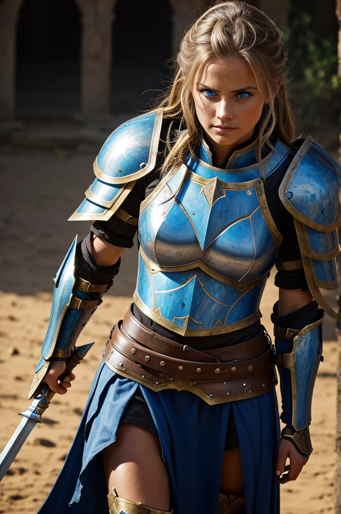 A warrior girl with a spear and with blue eyes and in paladin armor 