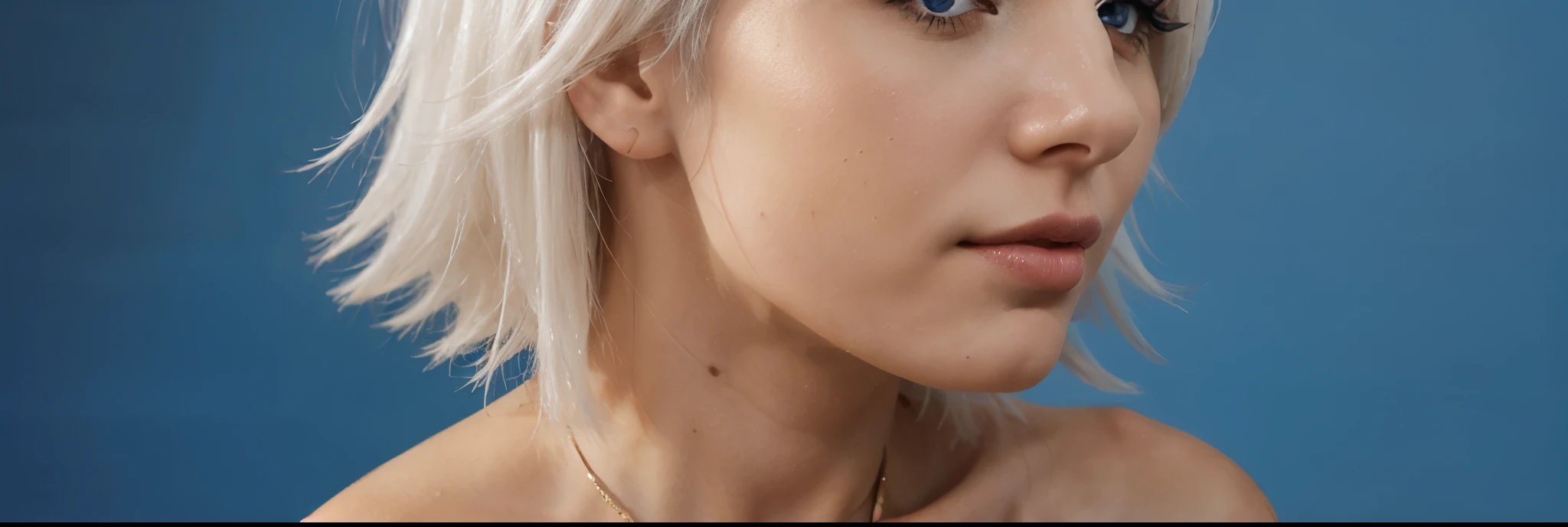 white hair woman on blue background