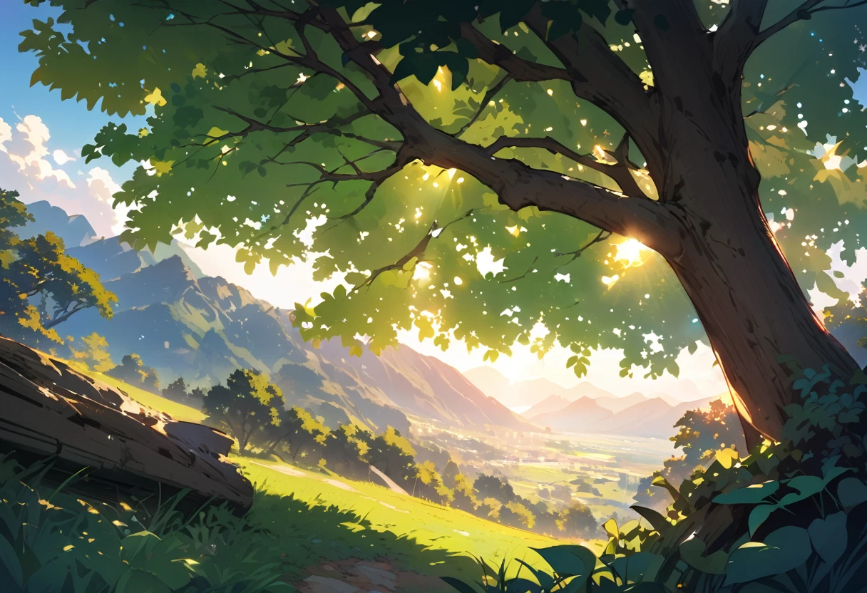 The bright sun peeking through the leaves,Highest quality,masterpiece,landscape