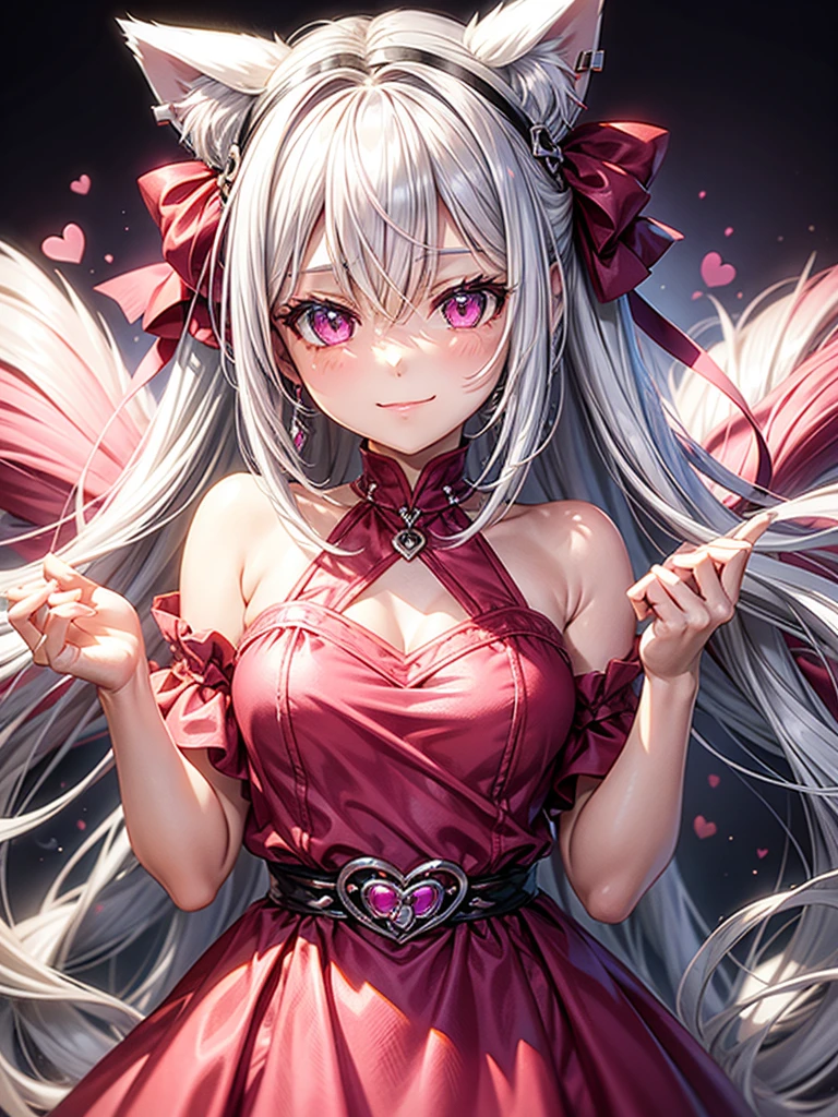 Silver hair, pink eyes, body, cat ears, woman, earrings, fantasy background, pink red clothes, hair bows, happy face