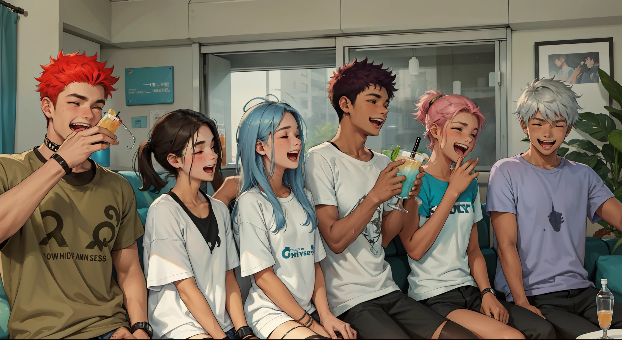 A group of 16-year-olds with t-shirts, there are teenage women and men, they are happy, singing and laughing at a party, they are sitting on a sofa enjoying drinks and food.