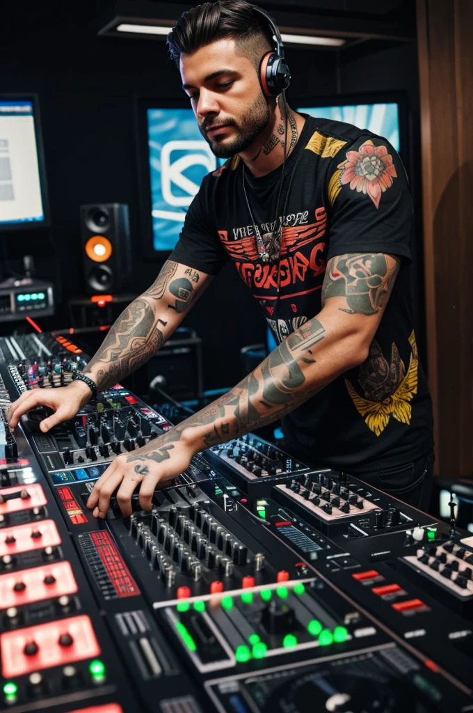 Tattoo of a DJ and his mixing desk
