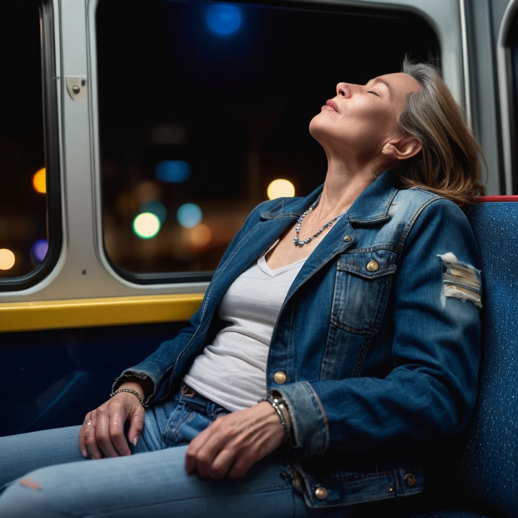 Mature woman sleeping on night bus,very tired, clothes hanging,(1 nipple slip:1,3), (closed jacket:1.3),(partial nudity:1.2),soft body,night time, drooling, bokeh, simple necklace, night lighting, dslr, soft lighting, high quality, Fujifilm XT3, skin textures, full jeans on, jacket on, laying on the window, side perspective